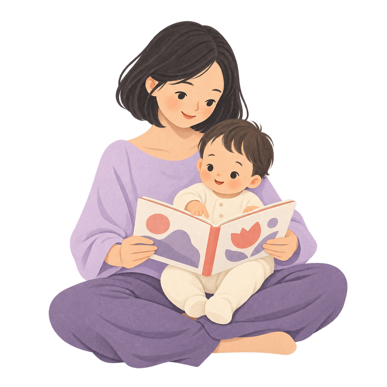 膝の上の赤ちゃんと絵本を読む母親のイラスト