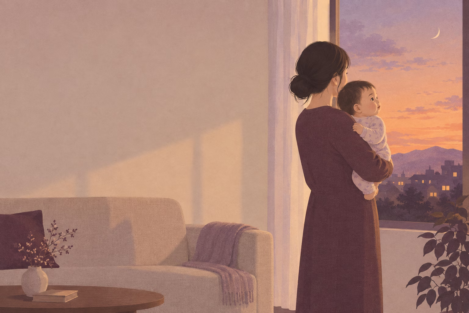 夕方の窓辺で赤ちゃんを抱く保護者のイラスト