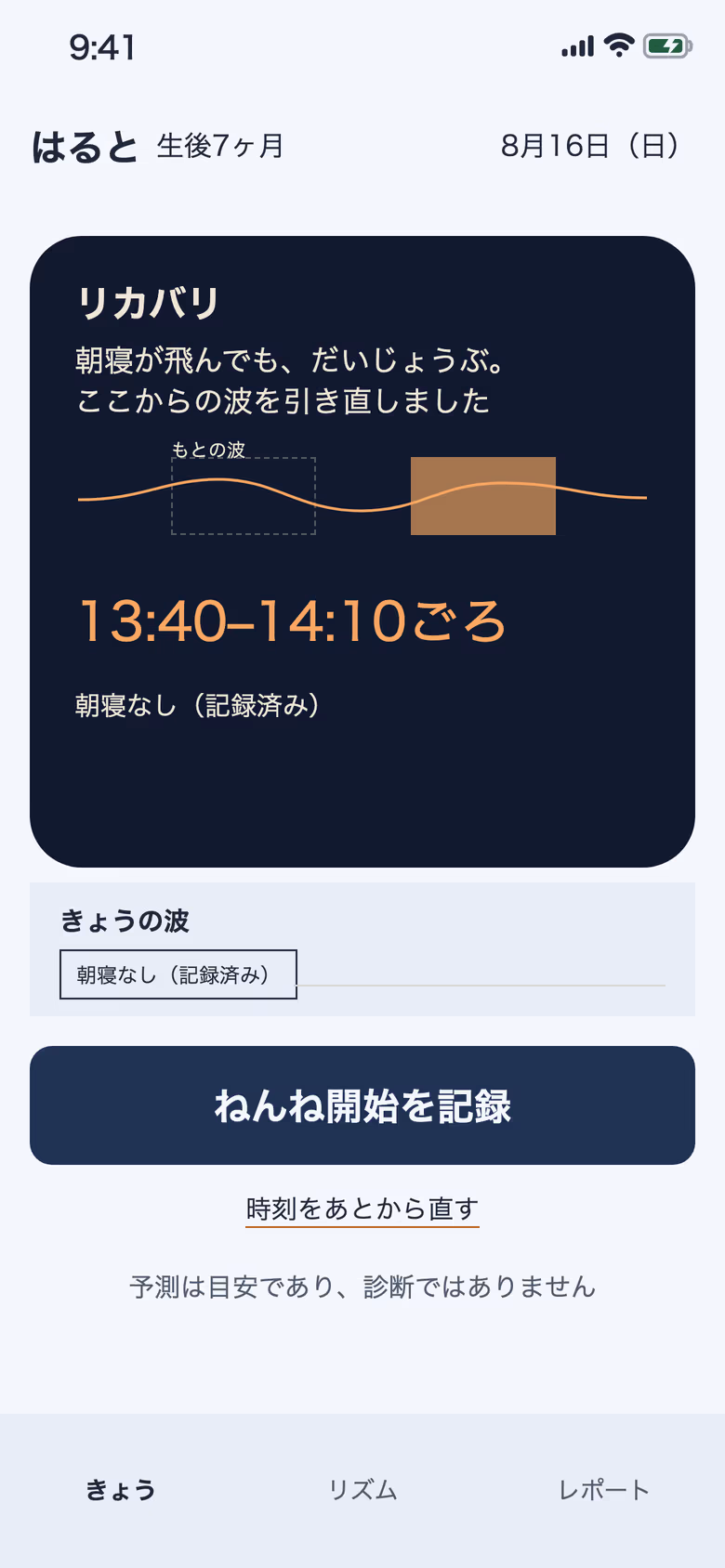 朝寝なしの日に、もとの波を破線で残して13:40–14:10へ引き直したリカバリ画面